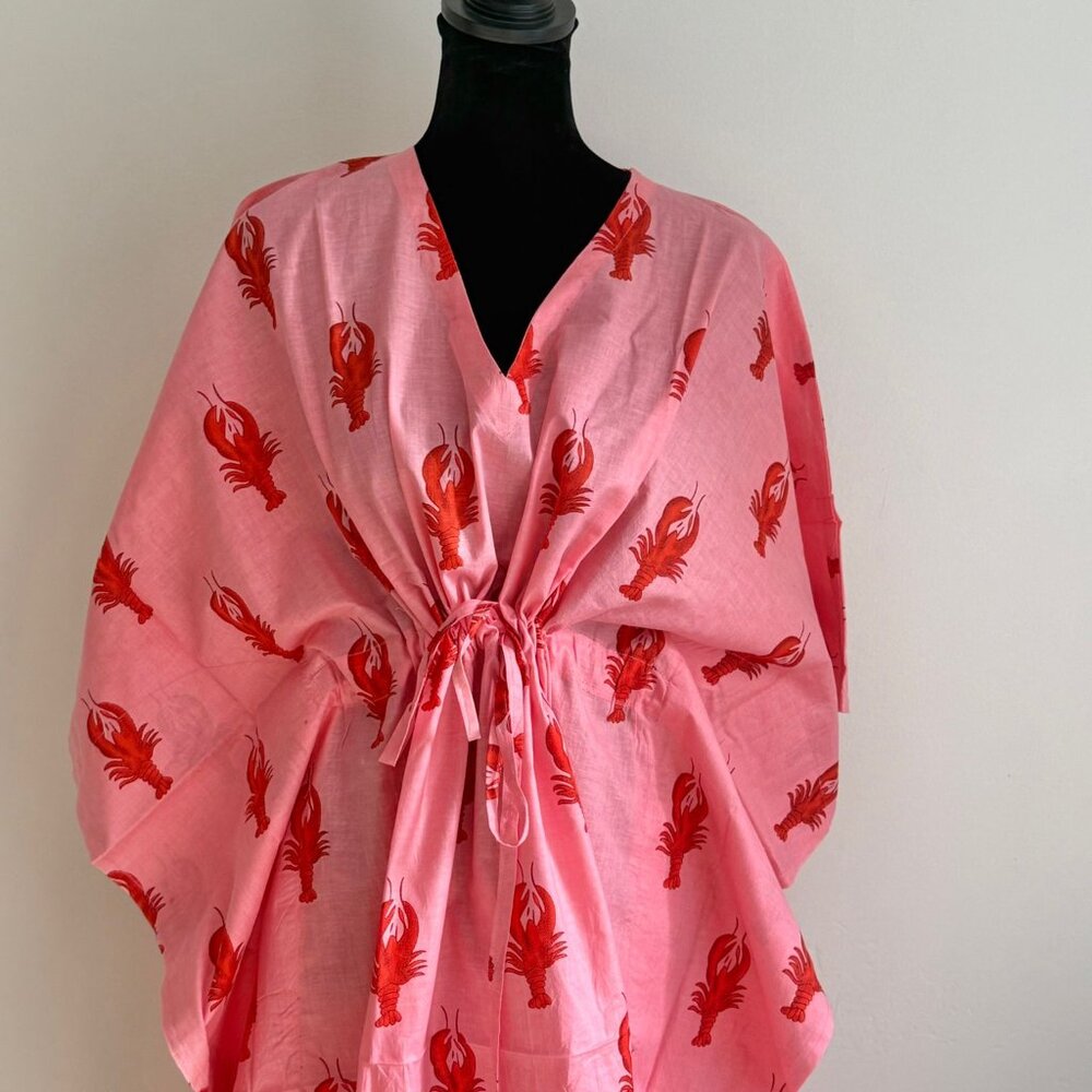 BRAND NEW Pink Holiday Kaftan Dress Winter Style Gift Hand Block Printed Caftan - Picture 5 of 5